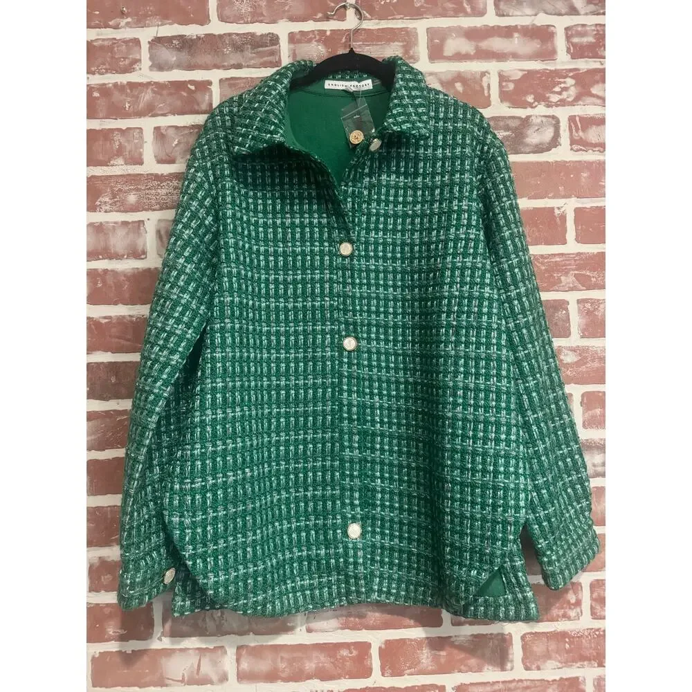 New English Factory Green Metallic Tweed Jacket Shorts 2 Piece Set NWT Size S